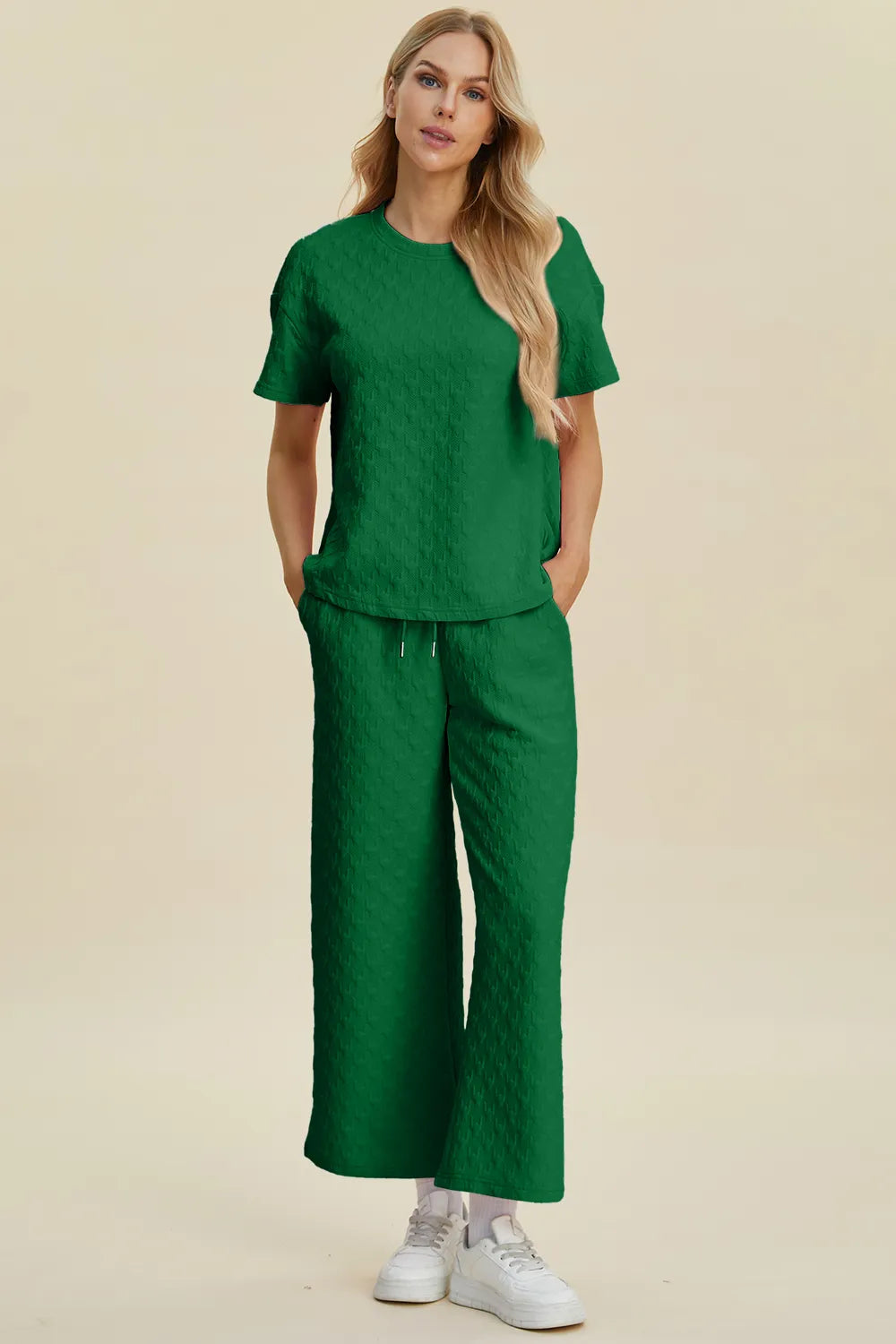 Double Take Full Size Texture Round Neck Short Sleeve Top and Pants Set - Modanista Fashion