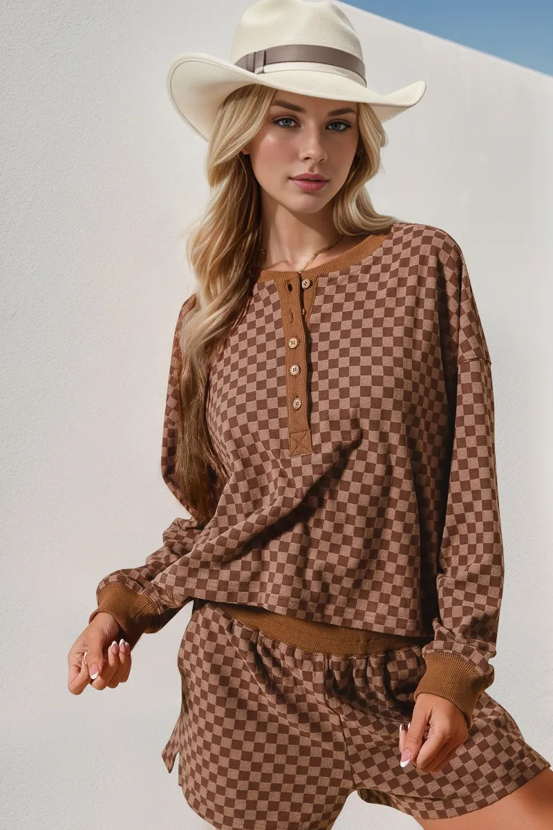 Double Take Checkered Half Button Top and Shorts Set - Modanista Fashion