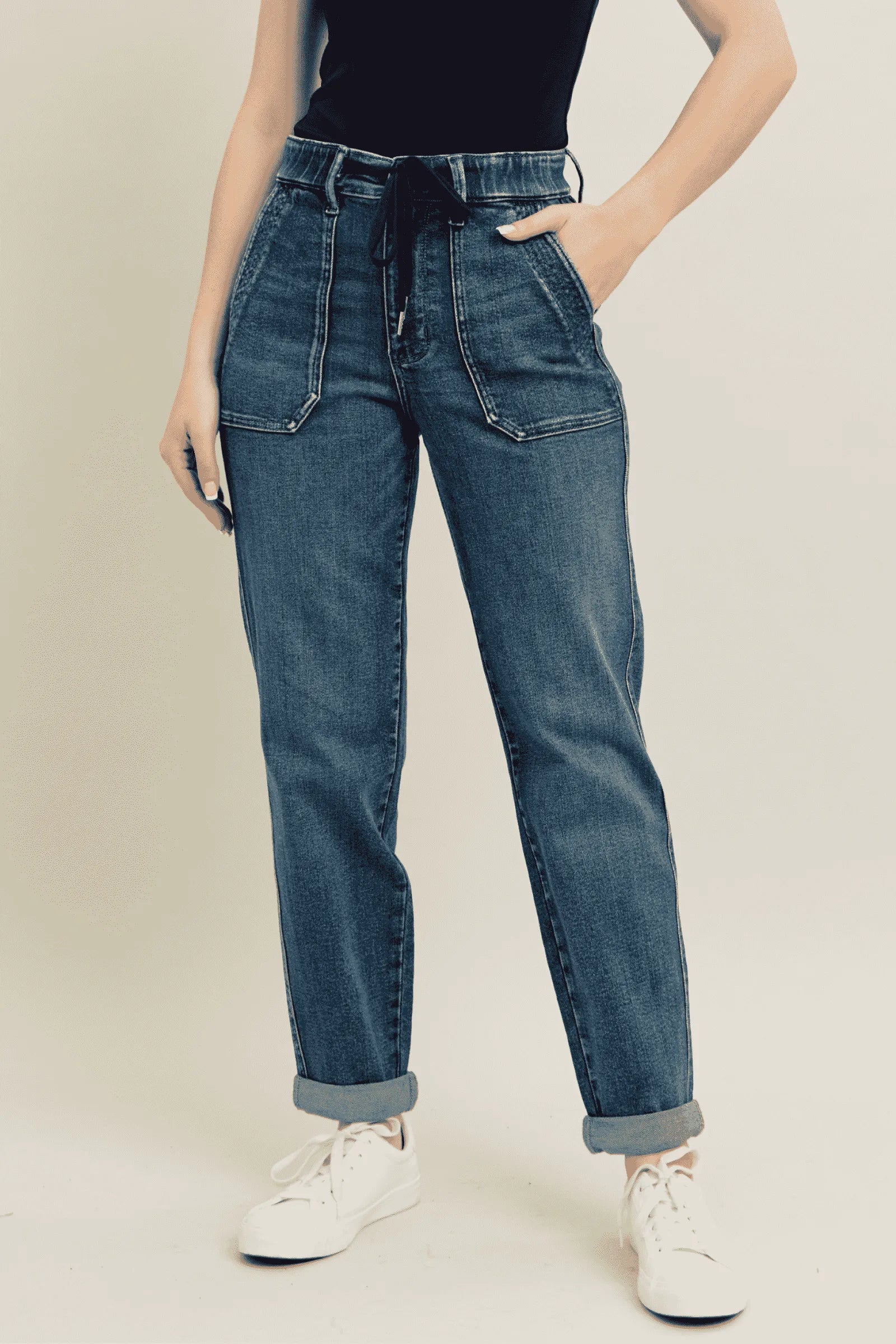 Judy Blue Full Size HW Vintage Wash Jeans w/ Drawstring Plus Size - Modanista Fashion