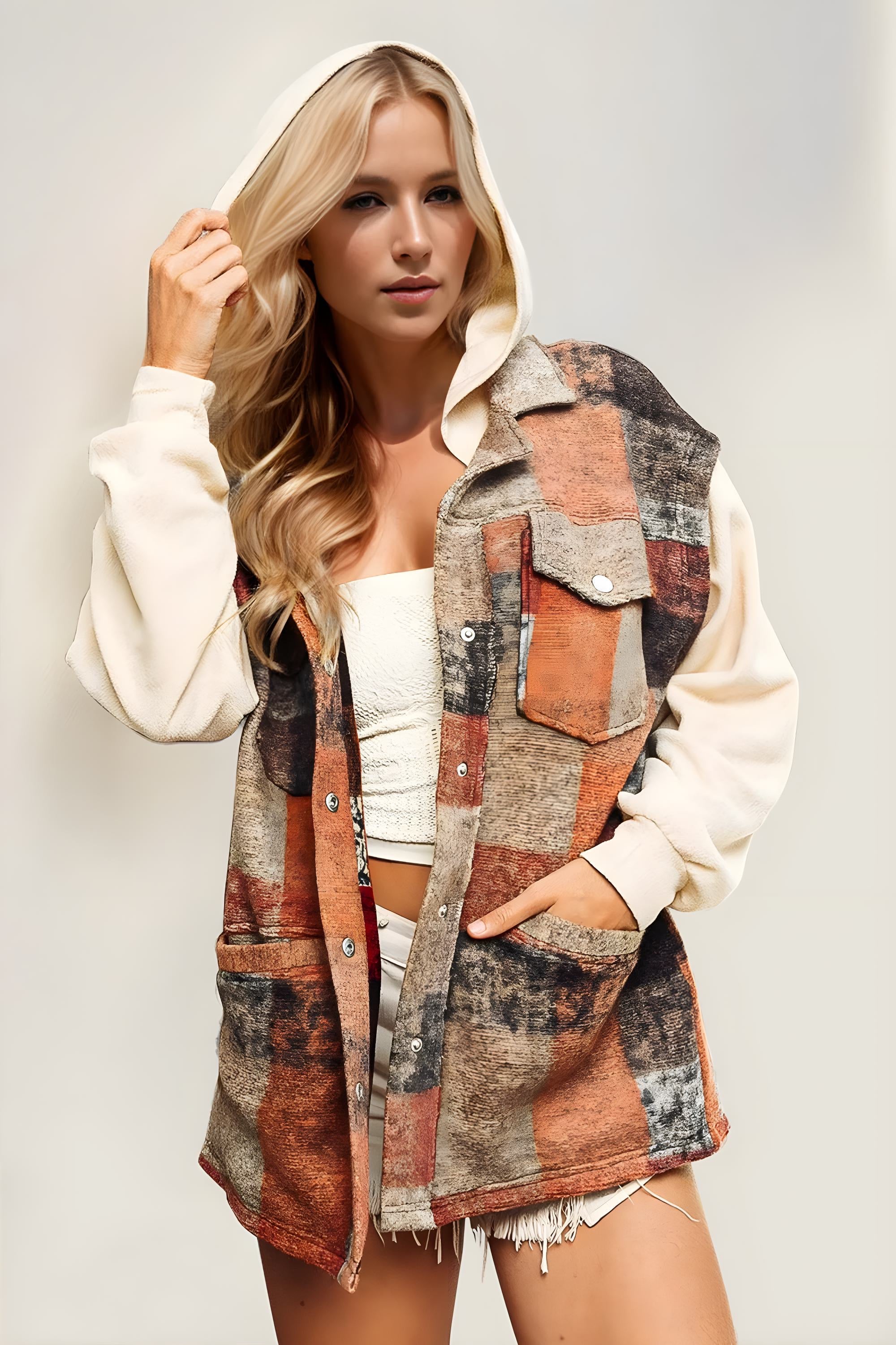 Double Take Contrast Long Sleeve Hooded Plaid Jacket