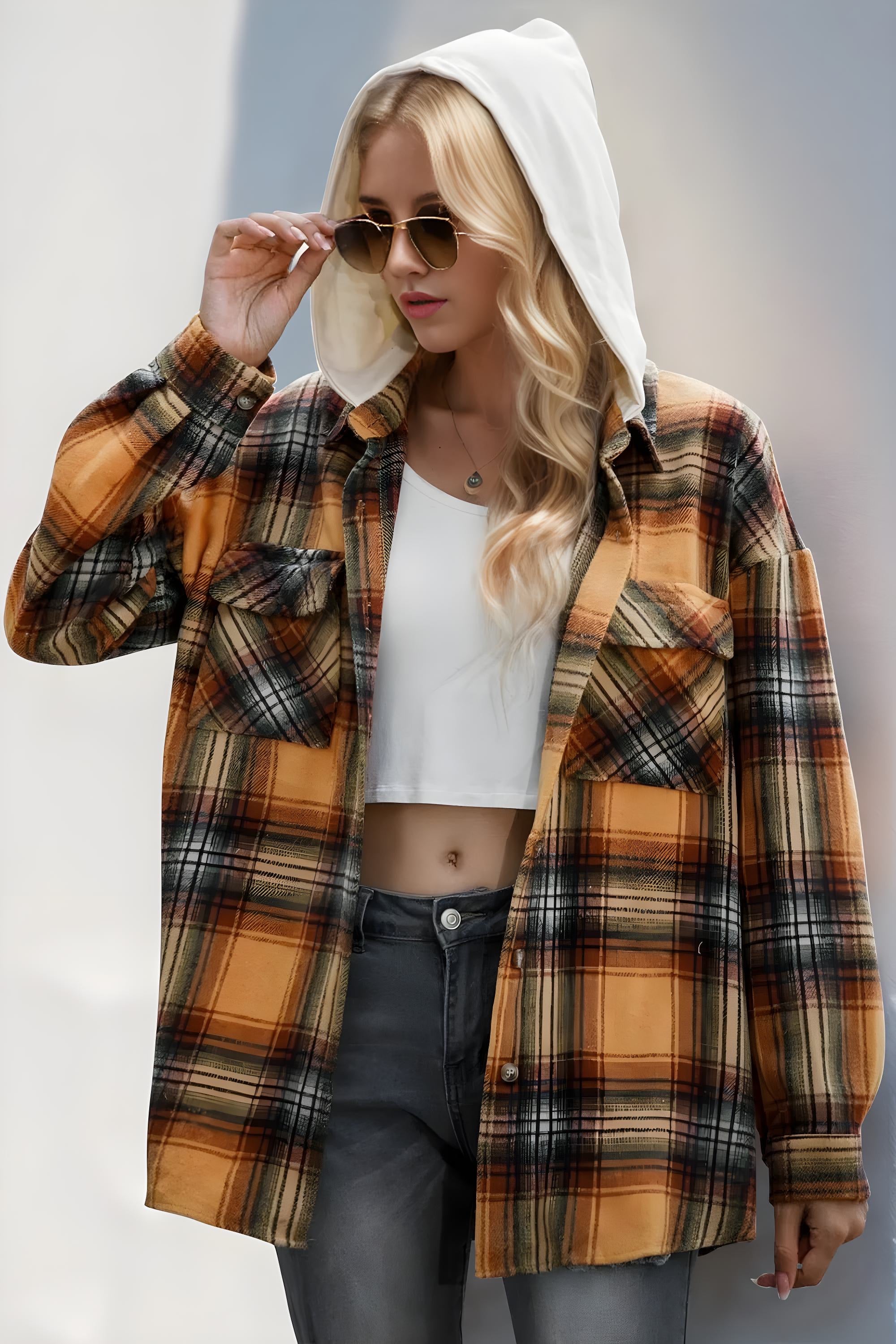 Double Take Drawstring Plaid Long Sleeve Hooded Shacket - Modanista Fashion