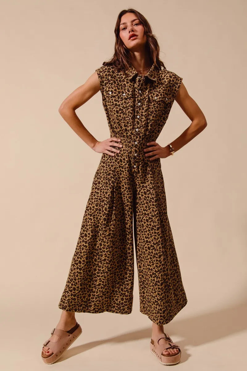 SO ME Wide Leg Leopard Twill Overalls Jumpsuit with Tuck - Modanista Fashion