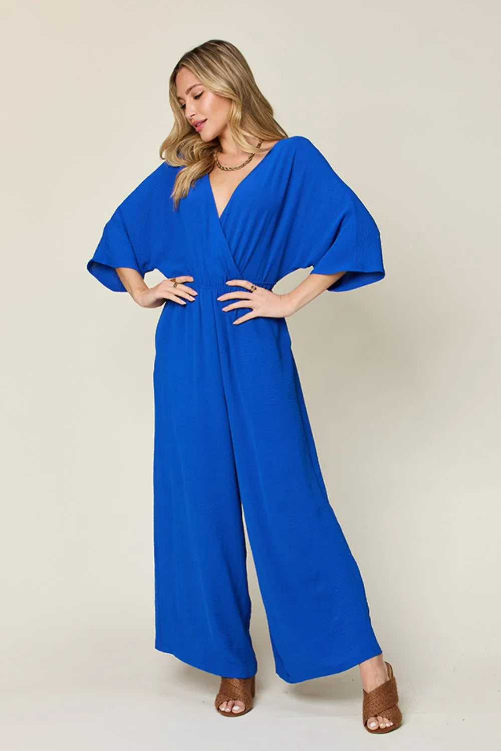 Double Take Full Size Surplice Wide Leg Jumpsuit with Pockets - Modanista Fashion