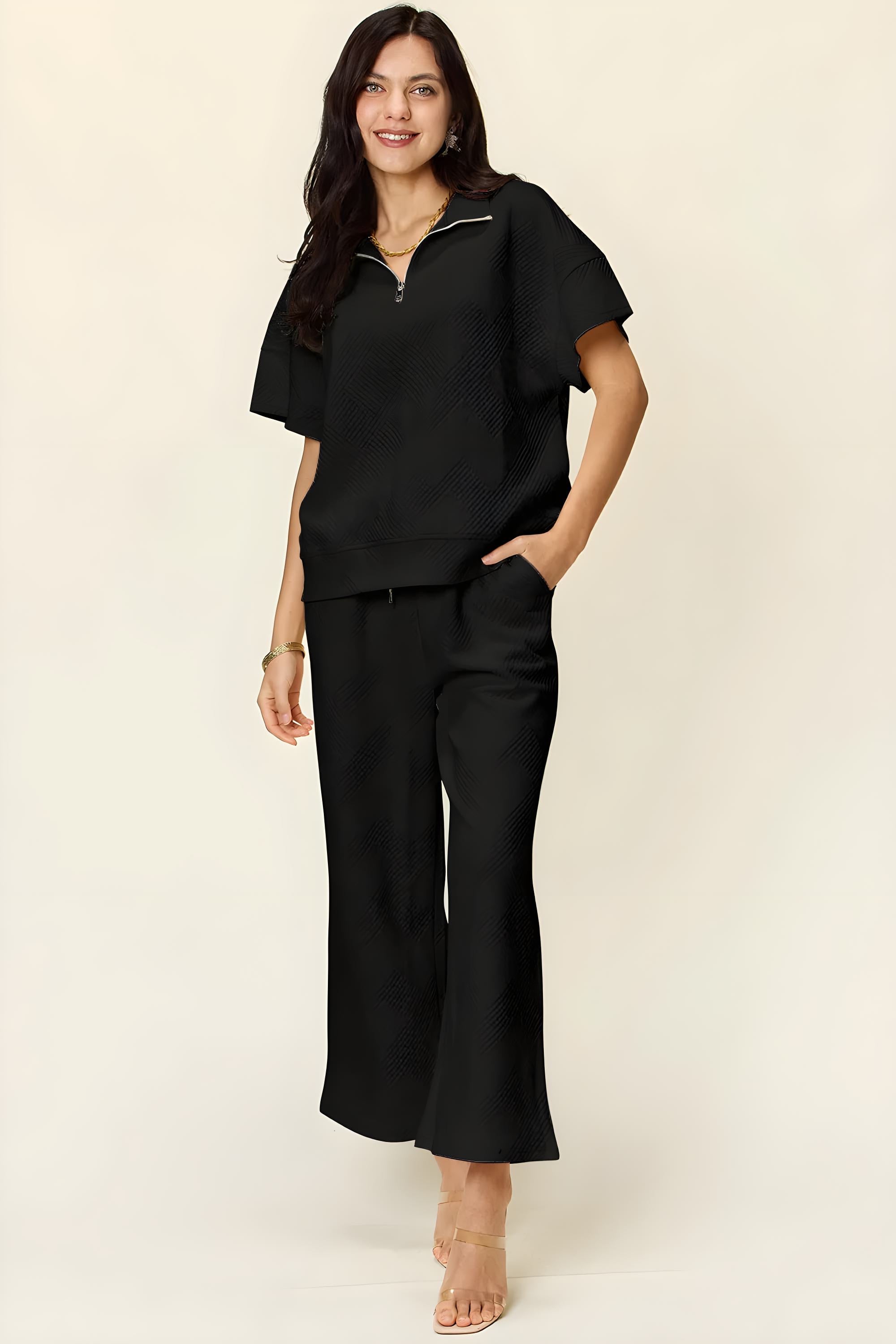 Full-Size Textured Half-Zip Short Sleeve Top & Pants Set