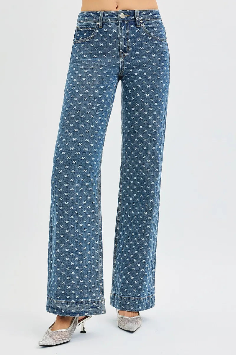RISEN High Rise Wide Leg Bow Embroidered Jeans - Modanista Fashion