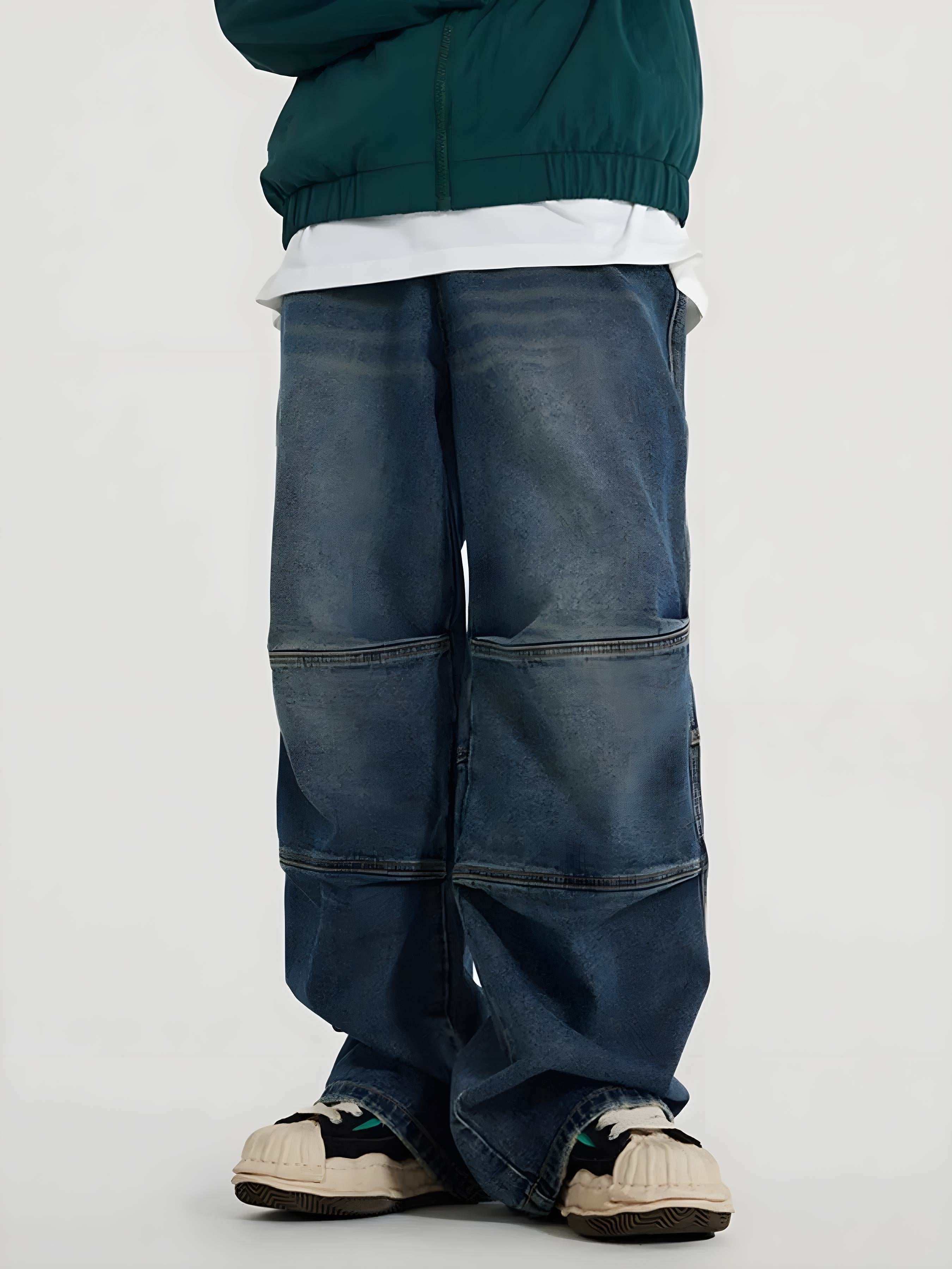Men’s Vintage Wide-Leg Utility Jeans with Multi-Panel Design
