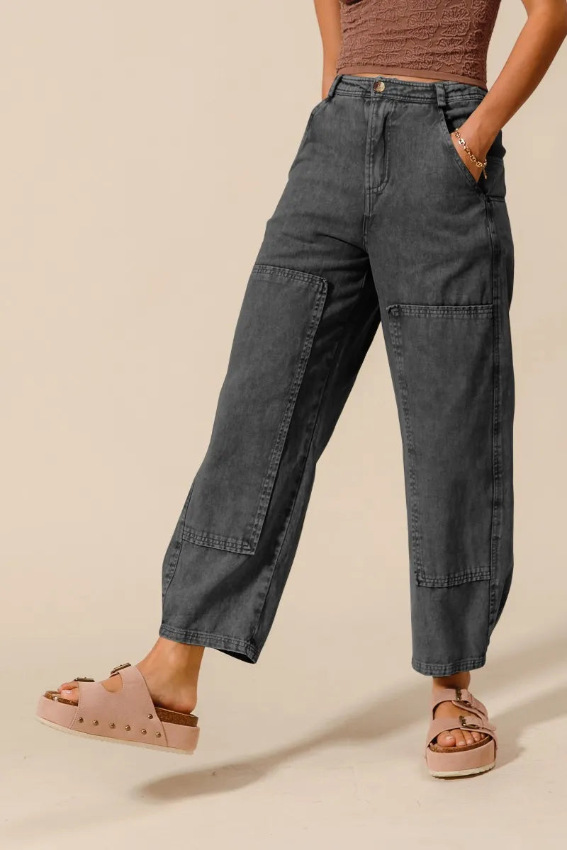 SO ME Mineral Washed Mid Rise Barrel Shape Pants - Modanista Fashion