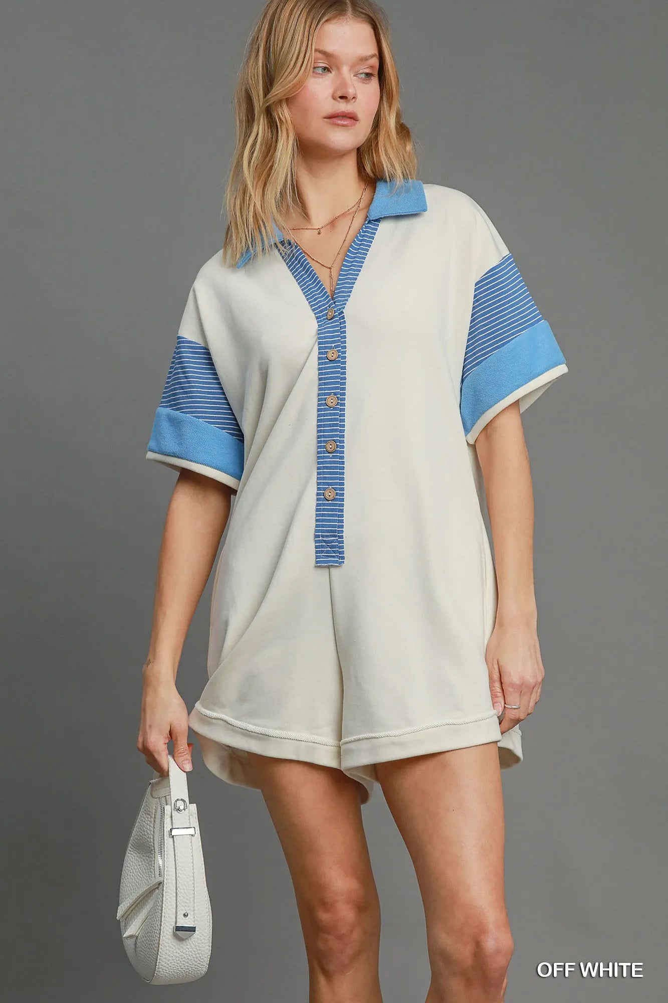 Umgee French Terry Collared Colorblock Romper - Modanista Fashion
