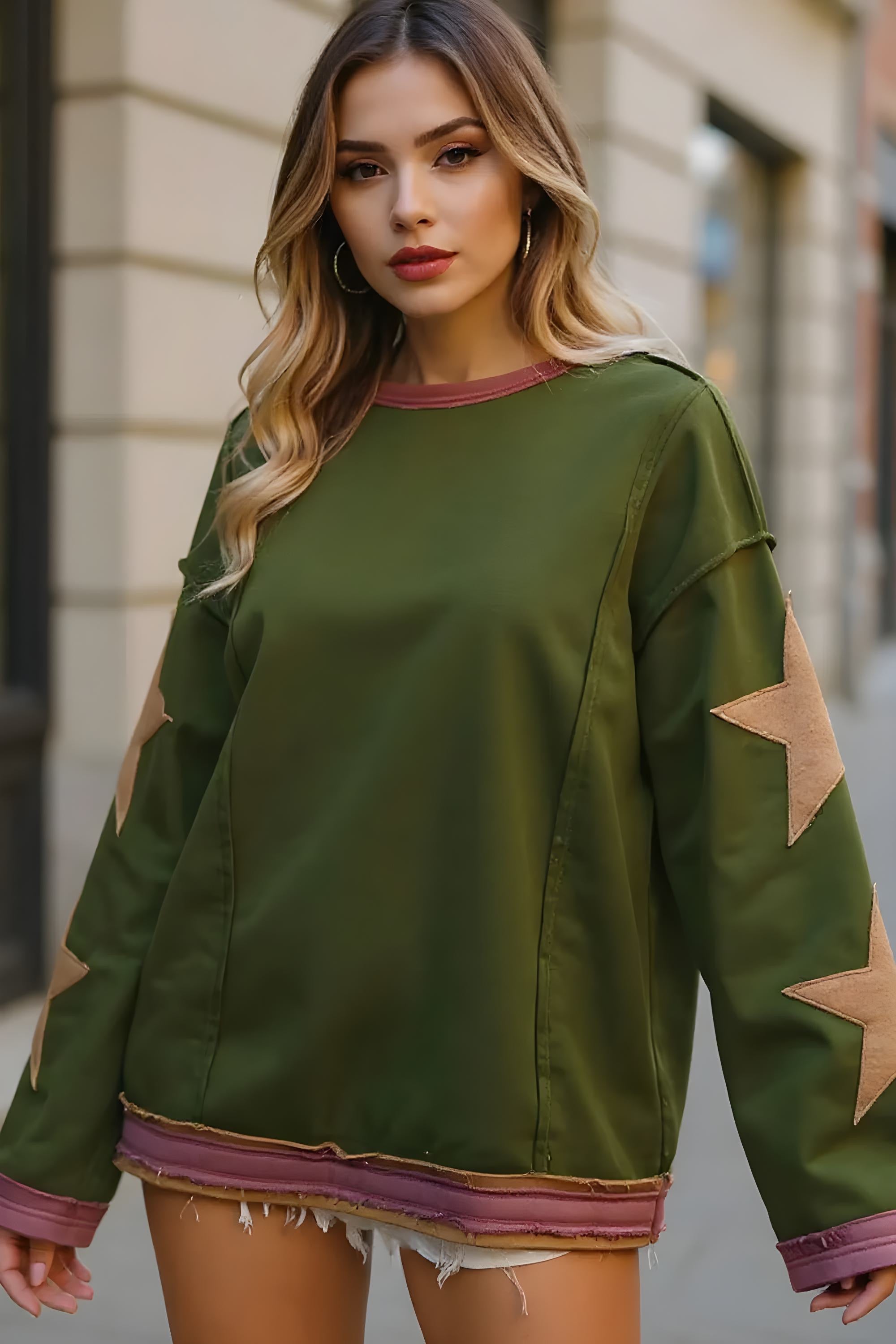 Star Patched Long Sleeve Sweatshirt for Women