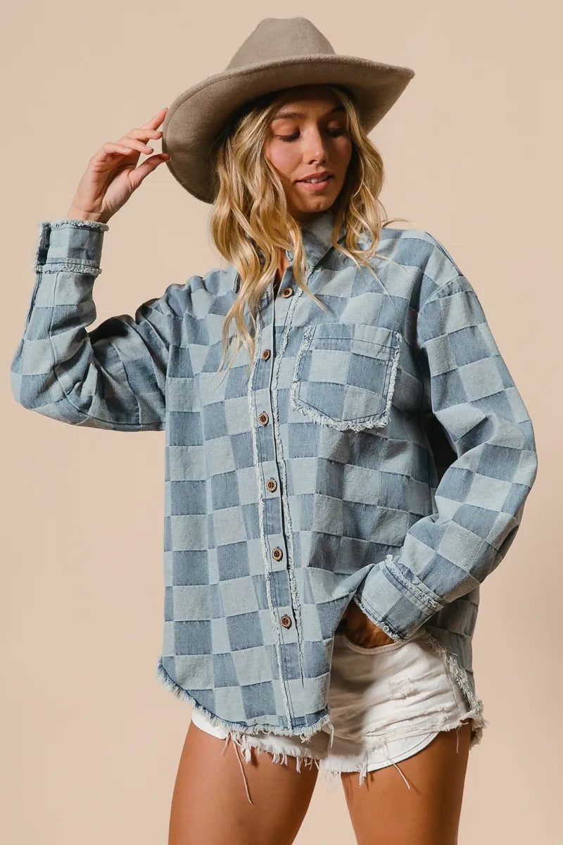 BiBi Frayed Edged Detail Washed Checker Denim Shirt - Modanista Fashion