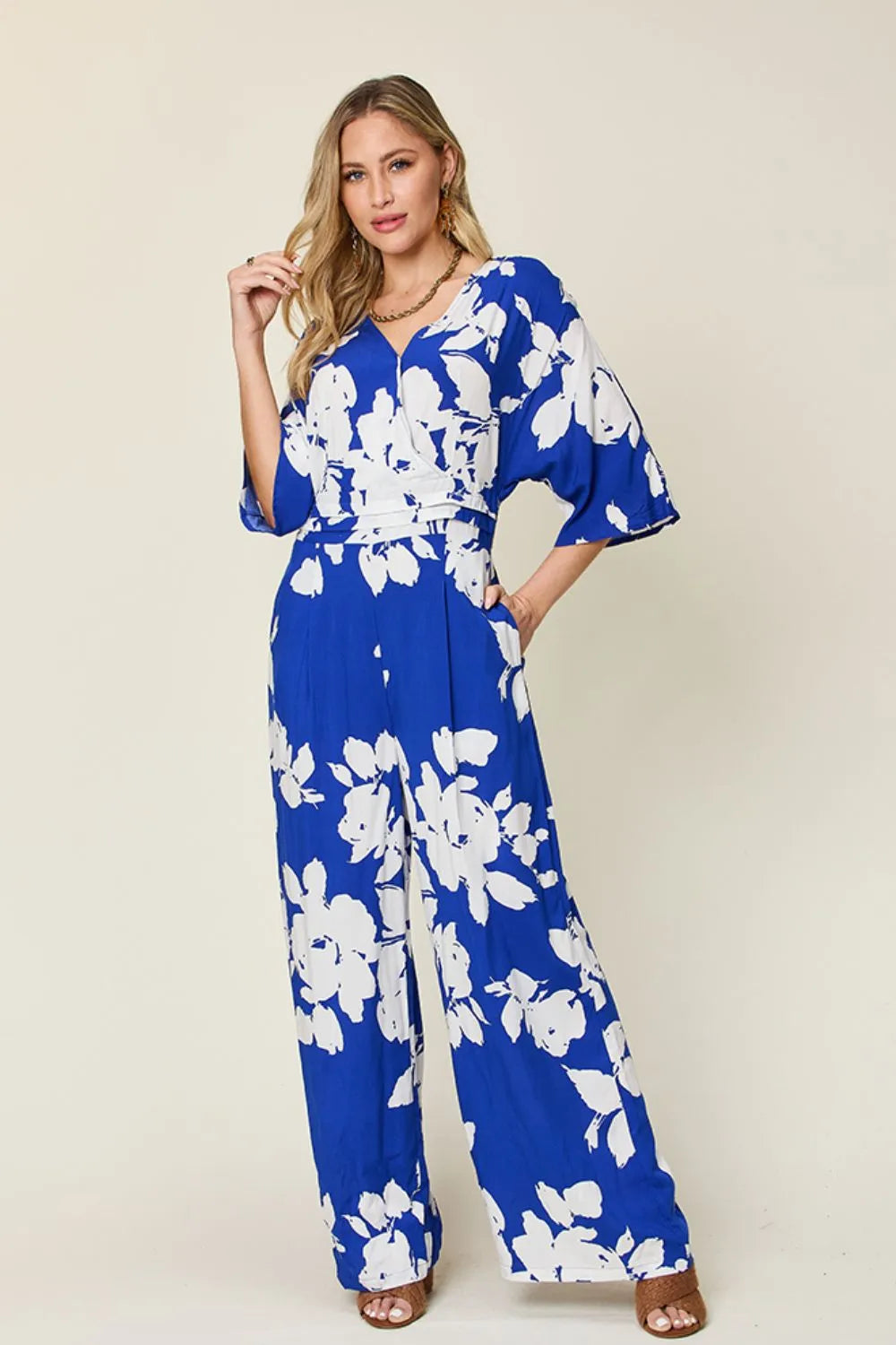Double Take Full Size Printed Tie Back Wide Leg Jumpsuit - Modanista Fashion