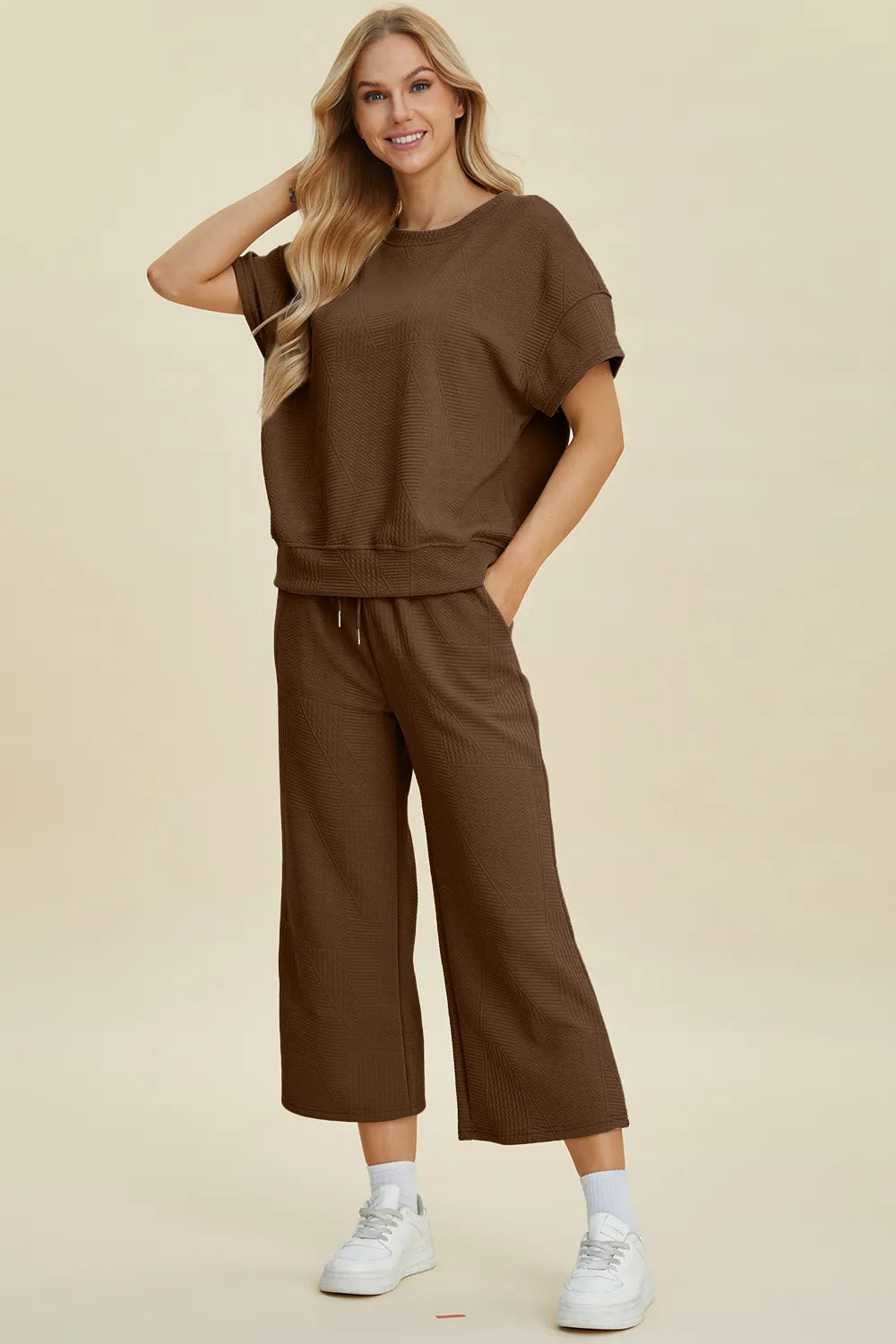 Double Take Full Size Texture Round Neck Top and Pants Set - Modanista Fashion