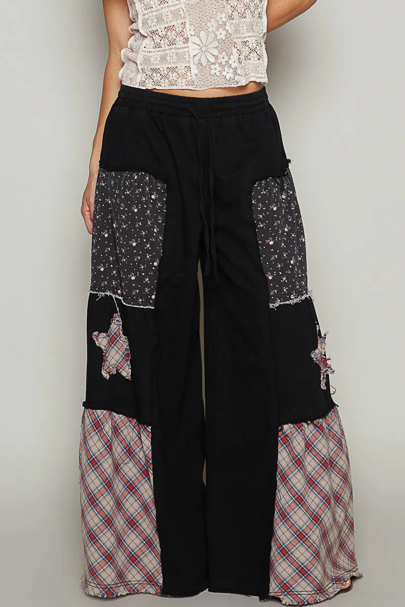 POL Drawstring Star Patch Contrast Wide Leg Pants - Modanista Fashion