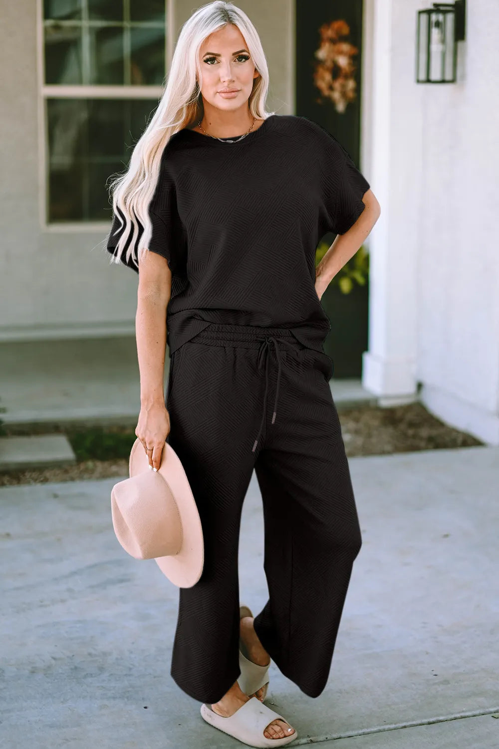 Double Take Full Size Texture Short Sleeve Top and Pants Set - Modanista Fashion