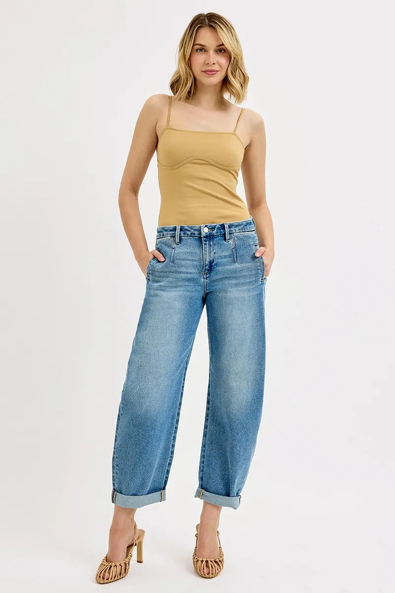 RISEN Full Size Mid Rise Fit Barrel Roll Up Jeans Plus Size - Modanista Fashion