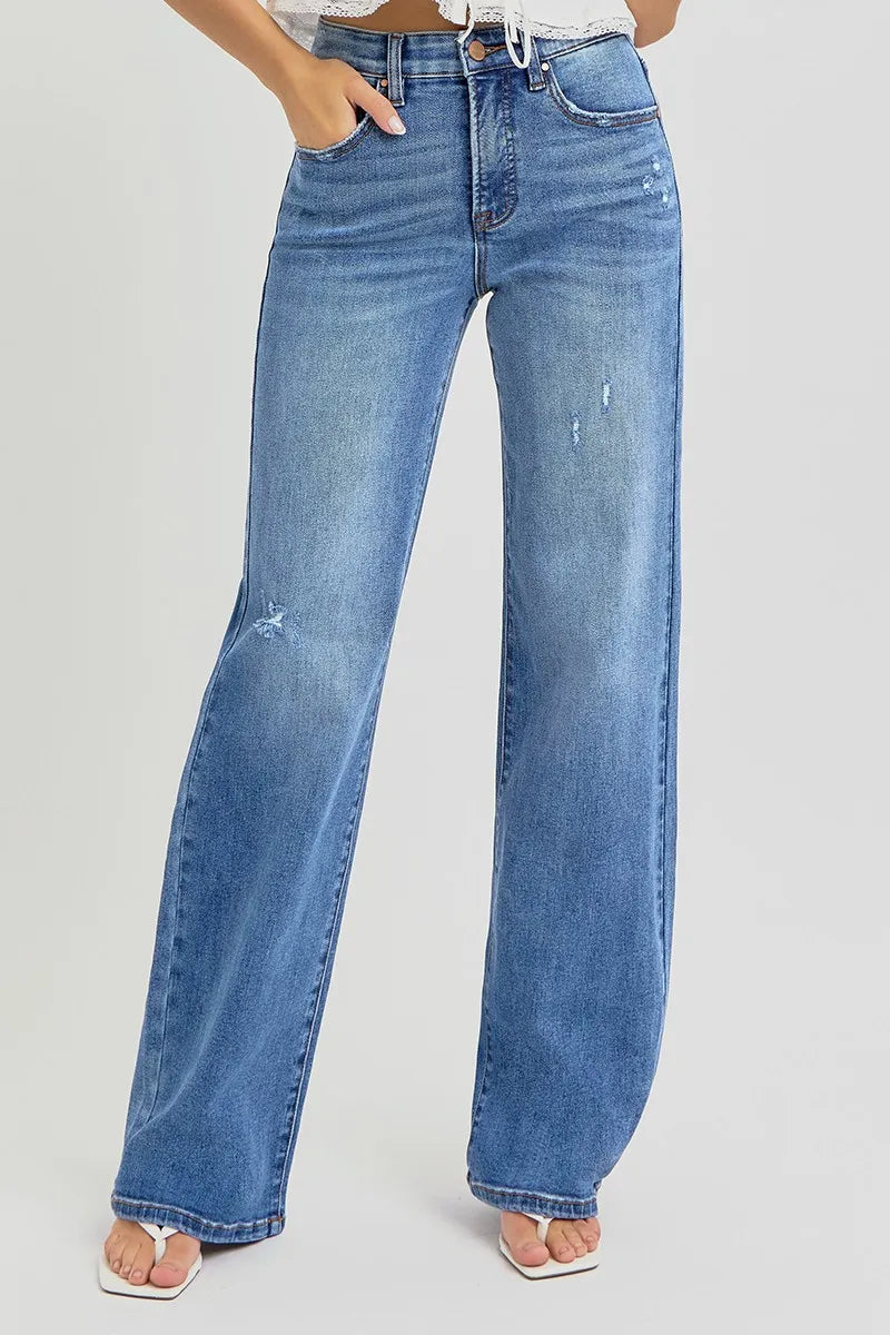 RISEN Full Size Tummy Control Elastic Band High Rise Wide Jeans Plus Size - Modanista Fashion