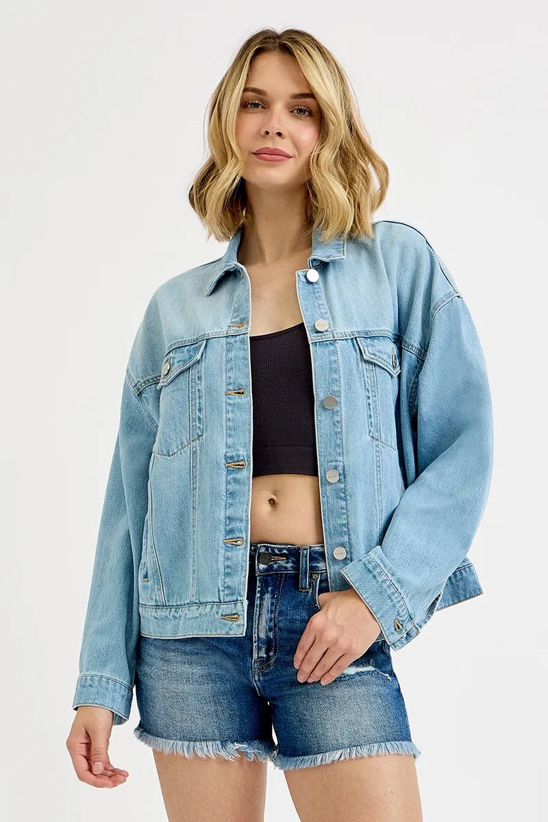 RISEN Washed Dropped Shoulder Denim Jacket - Modanista Fashion