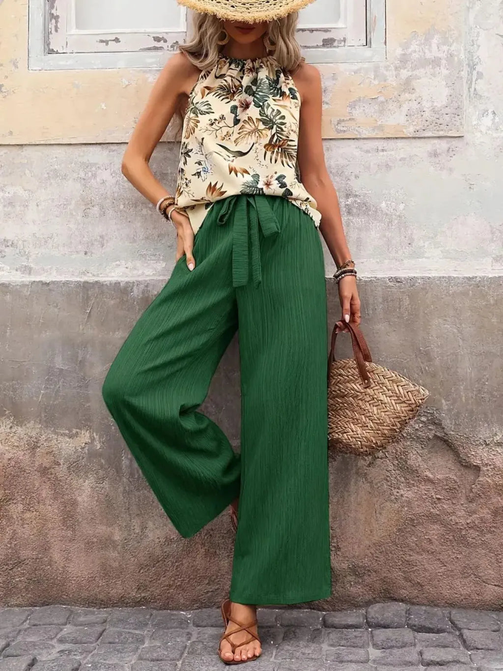 Printed Tank Top and Wide Leg Pants Set - Modanista Fashion