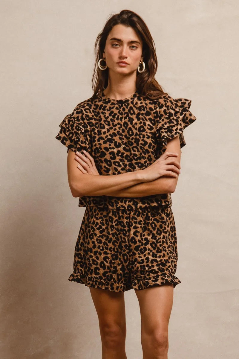 BiBi Leopard Print Waffle Texture Layered Ruffle Sleeve Top and Shorts Set - Modanista Fashion