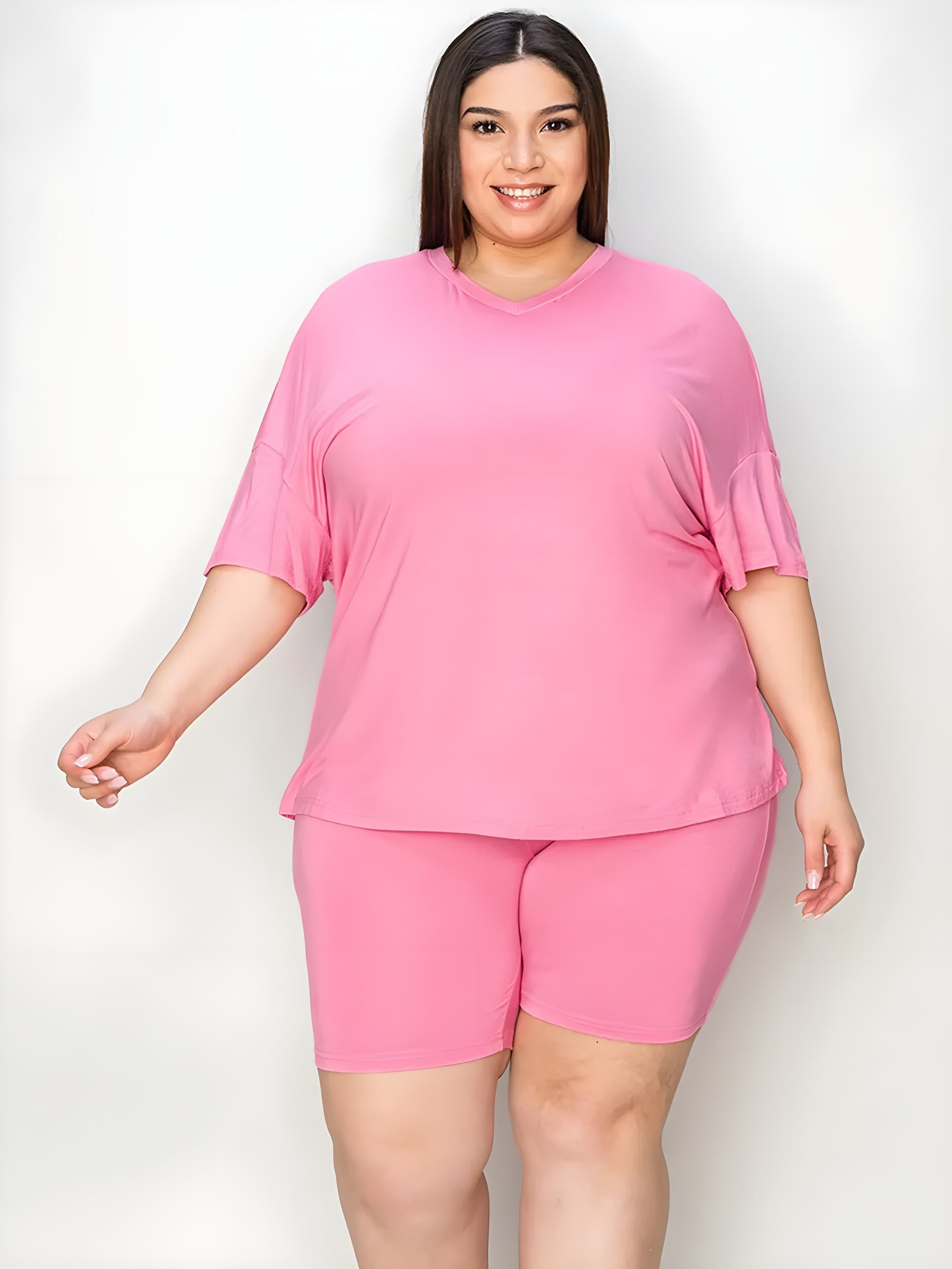 Bae BAE Tamanho completo Camiseta de ombro e shorts de decote em V