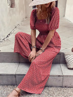 Tryckt fyrkantig nacke puffhylsa jumpsuit