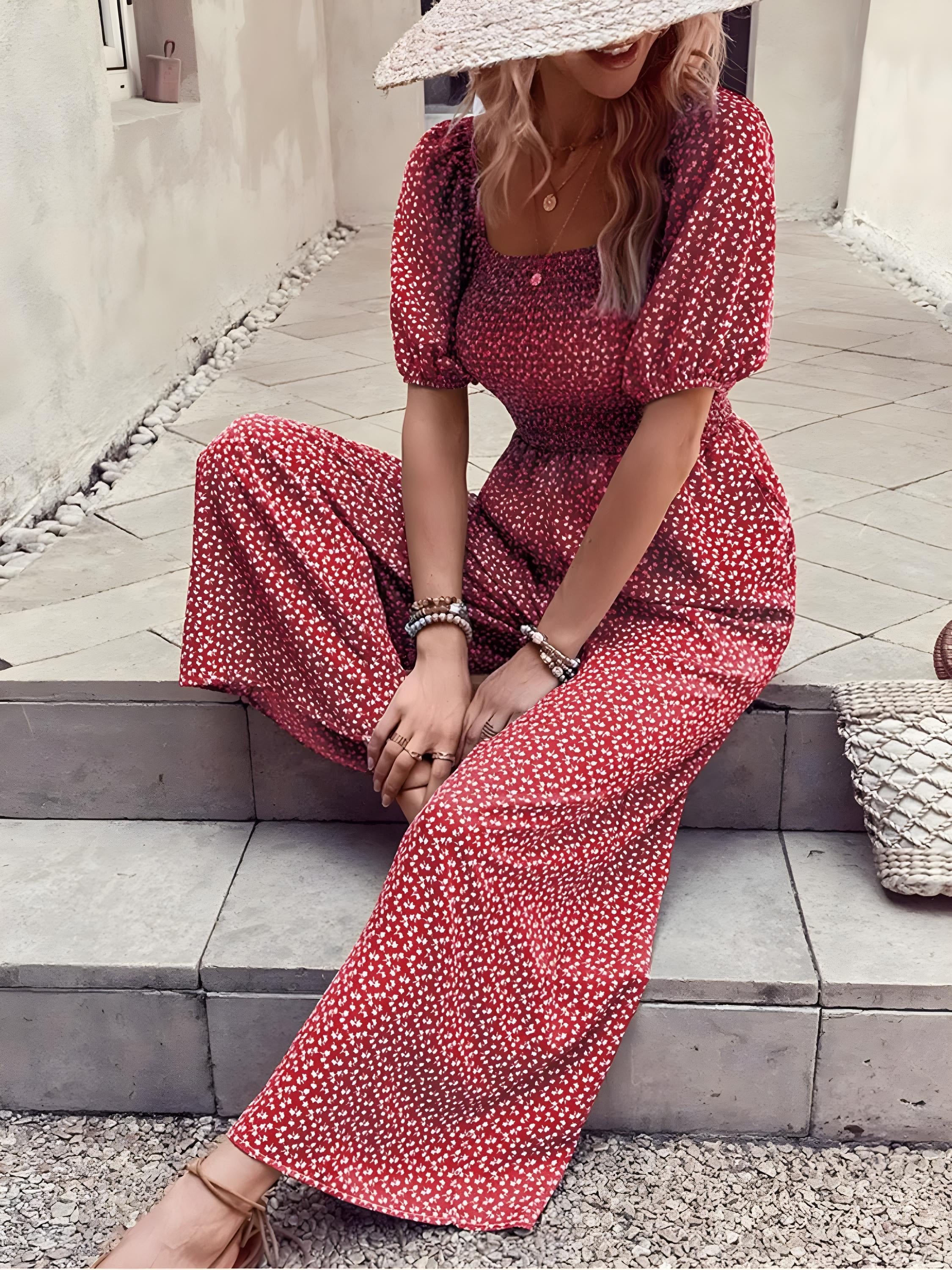 Tryckt fyrkantig nacke puffhylsa jumpsuit