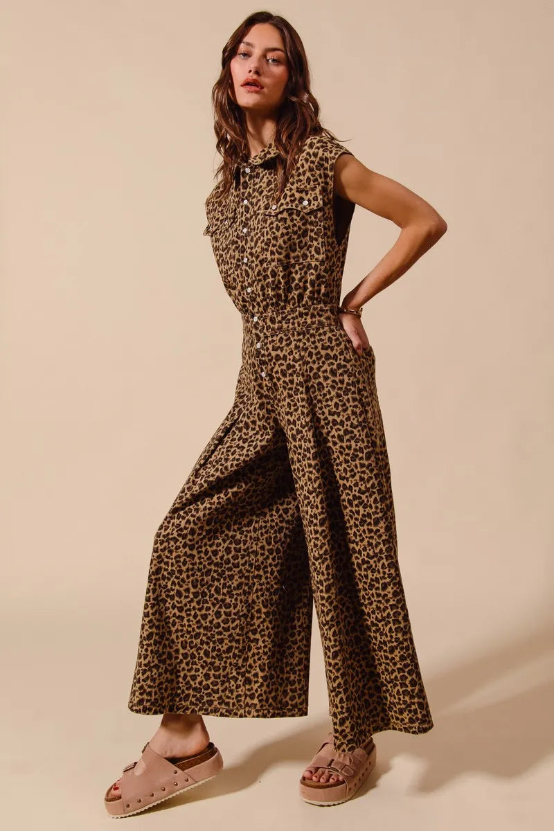 SO ME Wide Leg Leopard Twill Overalls Jumpsuit with Tuck - Modanista Fashion