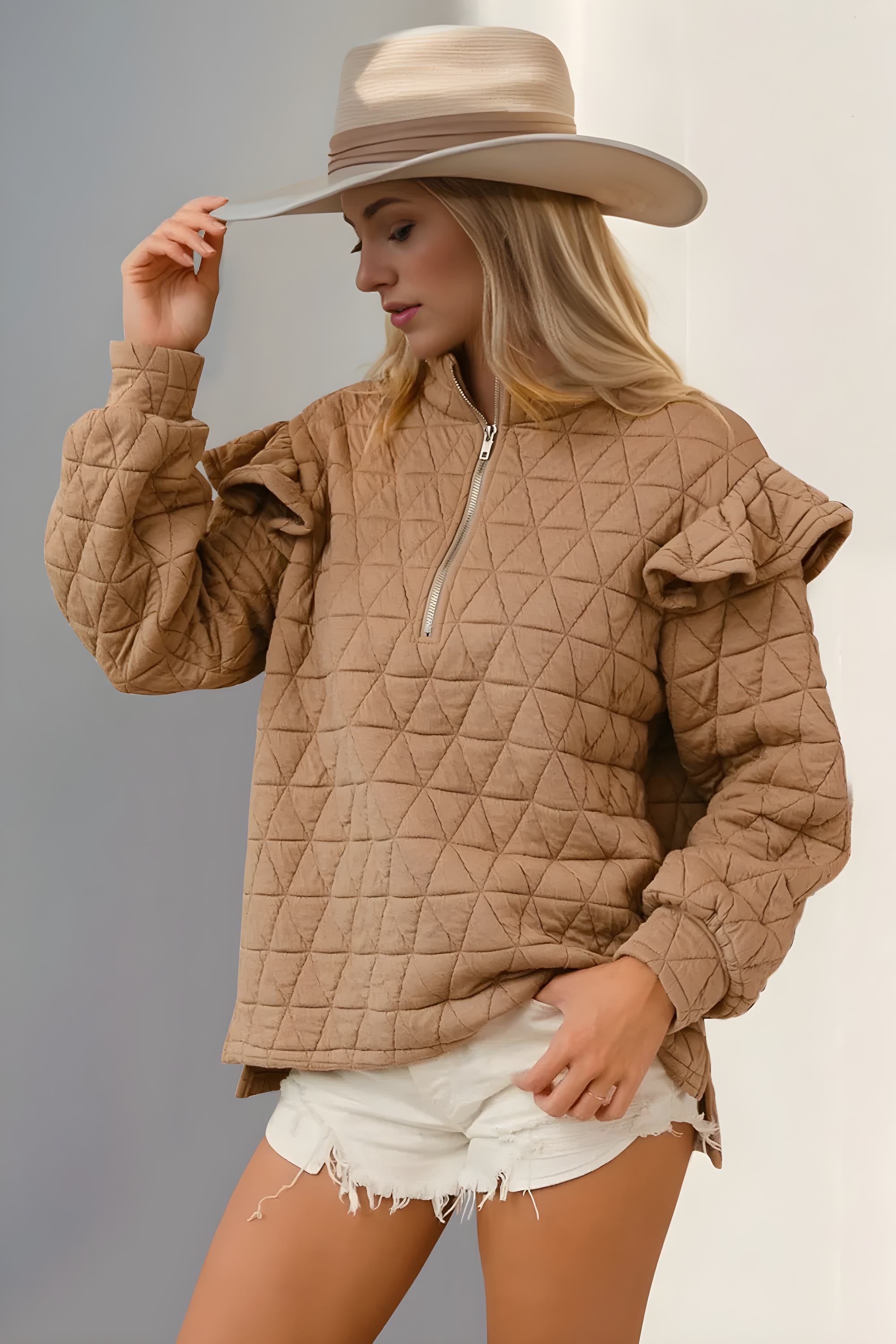 Ruffled Texture Half-Zip Long Sleeve Sweatshirt for Women