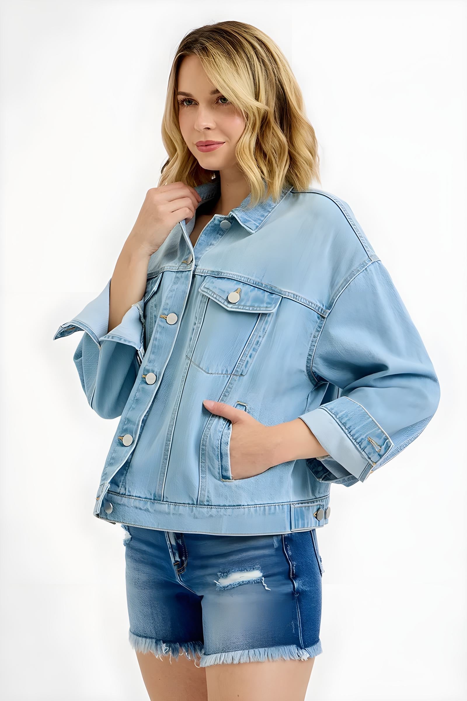 RISEN Washed Dropped Shoulder Denim Jacket for Women
