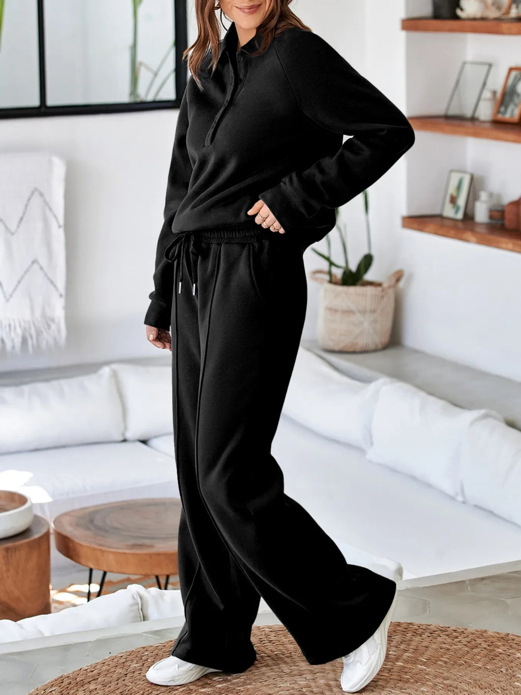 Collared Sweatshirt and High Waist Pants Active Set - Modanista Fashion