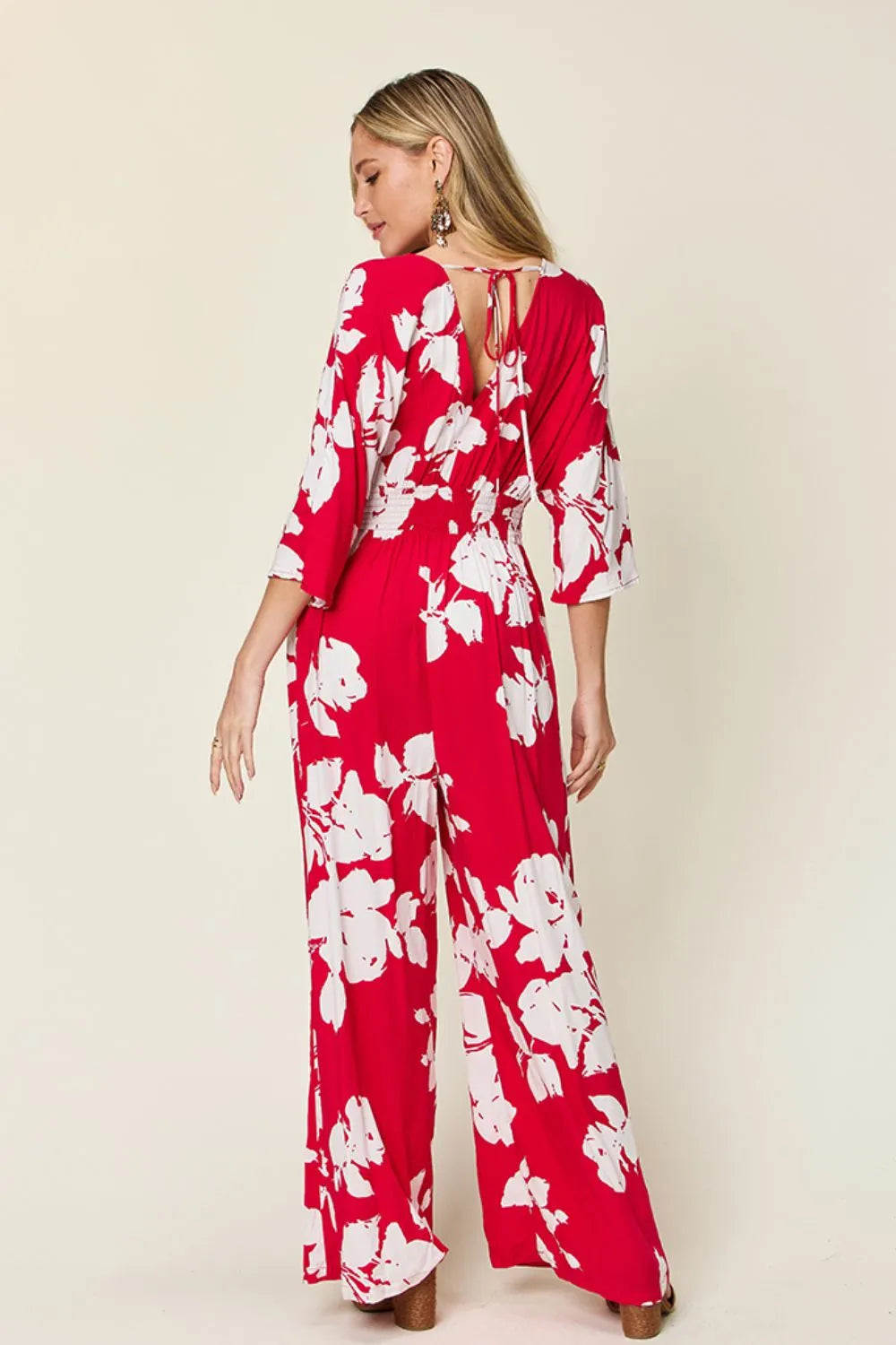 Double Take Full Size Printed Tie Back Wide Leg Jumpsuit - Modanista Fashion