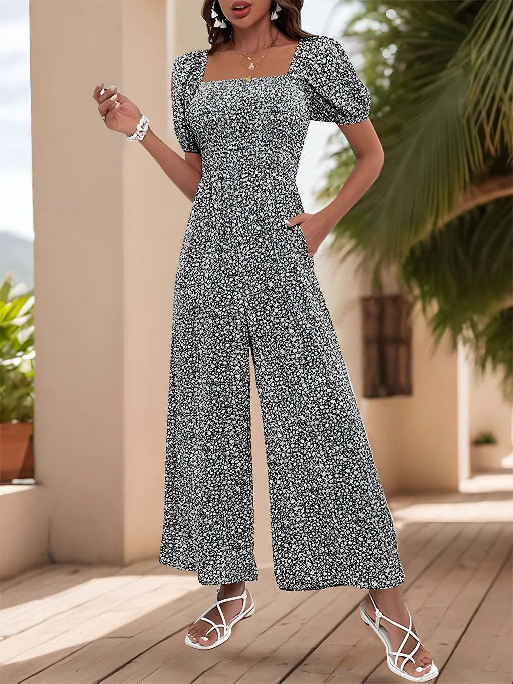 Tryckt fyrkantig nacke puffhylsa jumpsuit