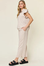 Double Take Texture Ruffle Short Sleeve Top and Drawstring Wide Leg Pants Set - Modanista Fashion