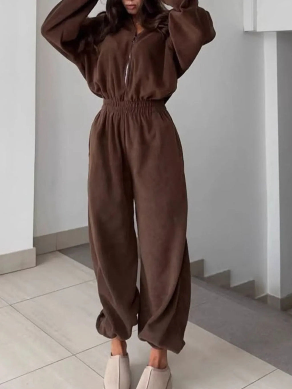 Zip Front Long Sleeve Jumpsuit - Modanista Fashion