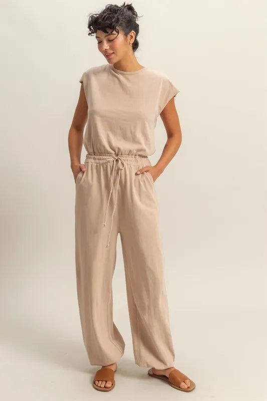 HYFVE Back Keyhole Round Neck Cap Sleeve Drawstring Jumpsuit - Modanista Fashion