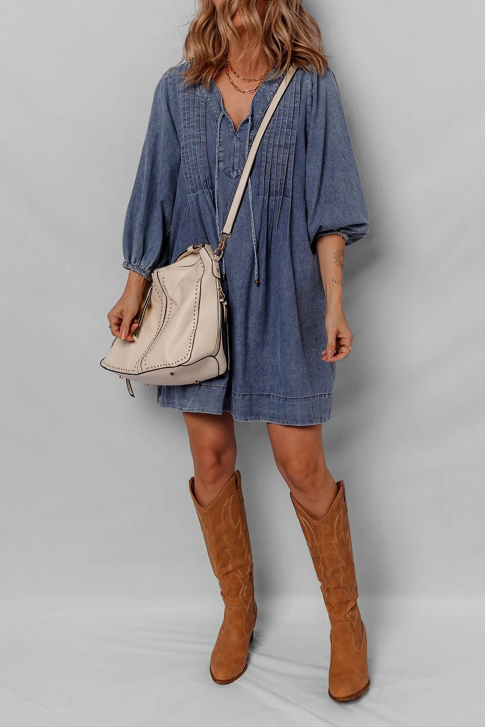 Tie Neck Long Sleeve Mini Denim Dress - Modanista Fashion