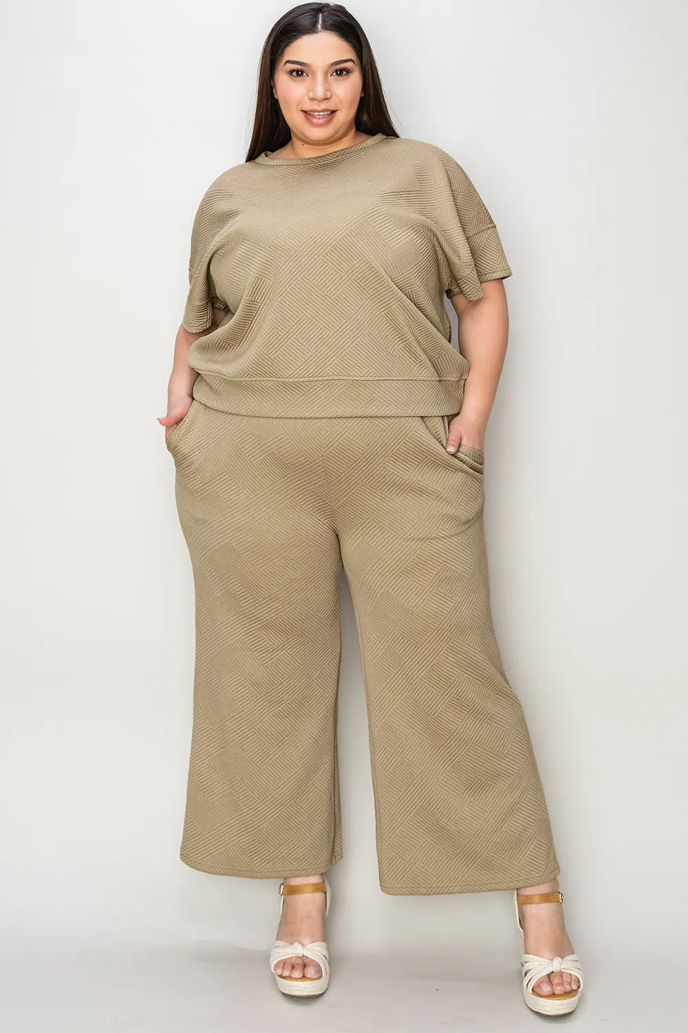 Double Take Full Size Texture Short Sleeve Top and Pants Set - Modanista Fashion