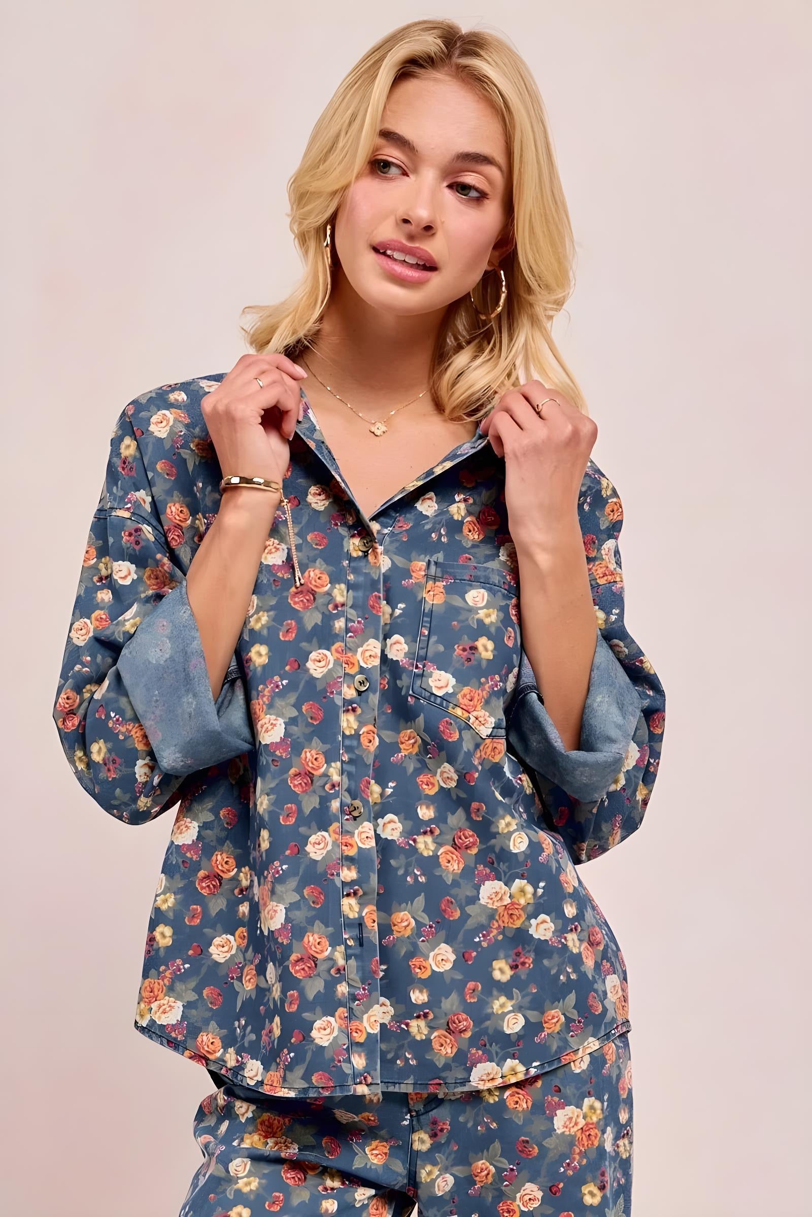 BiBi Washed Floral Print Denim Jacket for Women