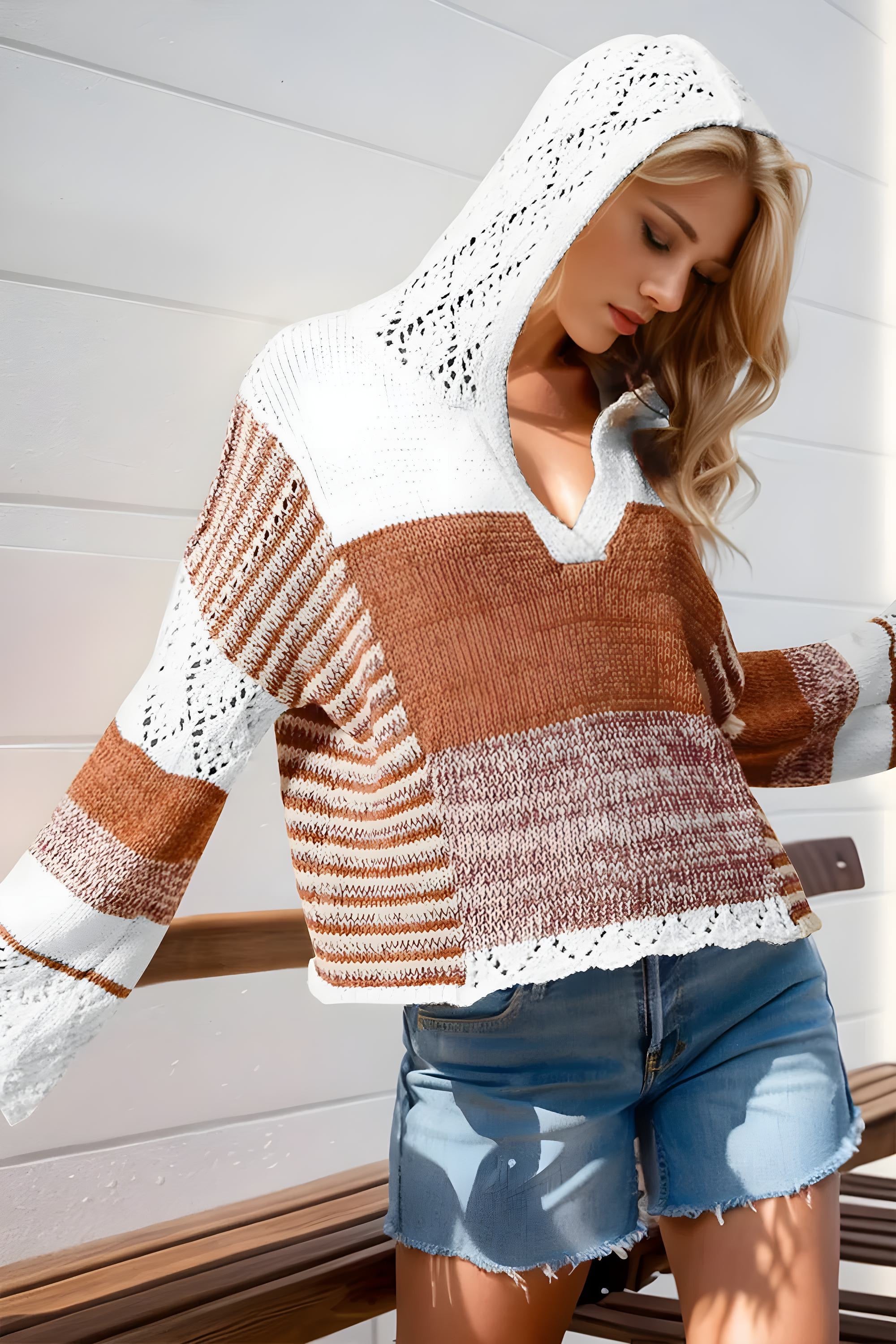 Full-Size Openwork Contrast Long Sleeve Hooded Sweater