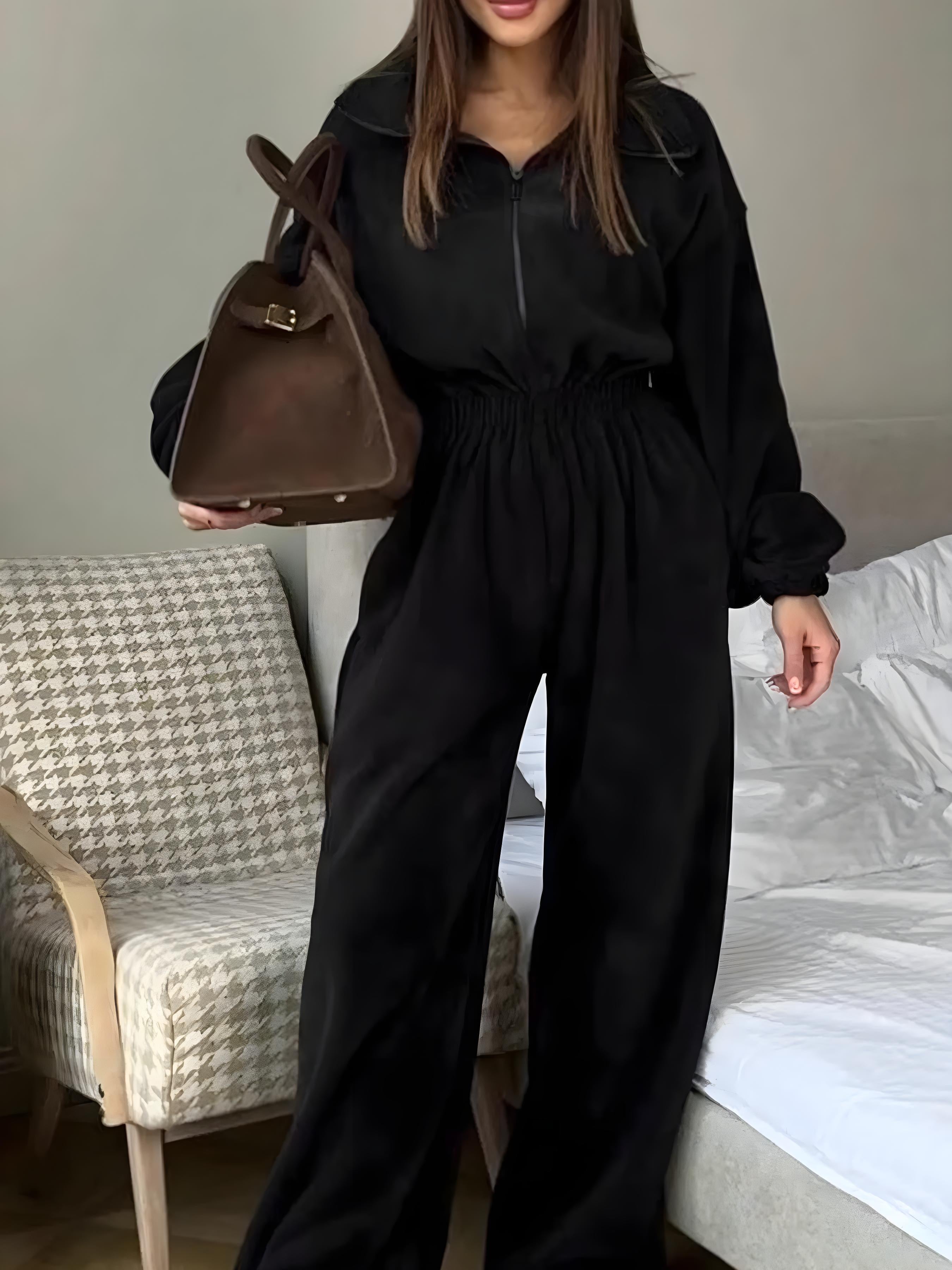 ジップフロント長袖ジャンプスーツ