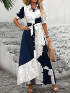 Tištěné knoflíky dolů po půl rukávu maxi košile šaty