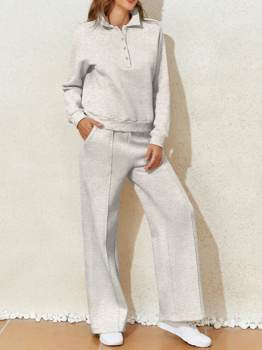 Collared Sweatshirt and High Waist Pants Active Set - Modanista Fashion