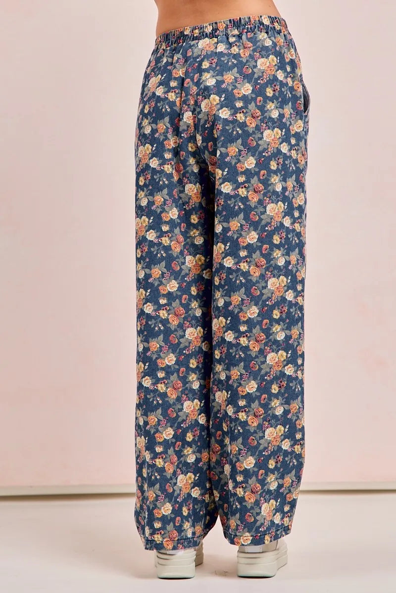 BiBi Washed Floral Print Wide Leg Jeans - Modanista Fashion