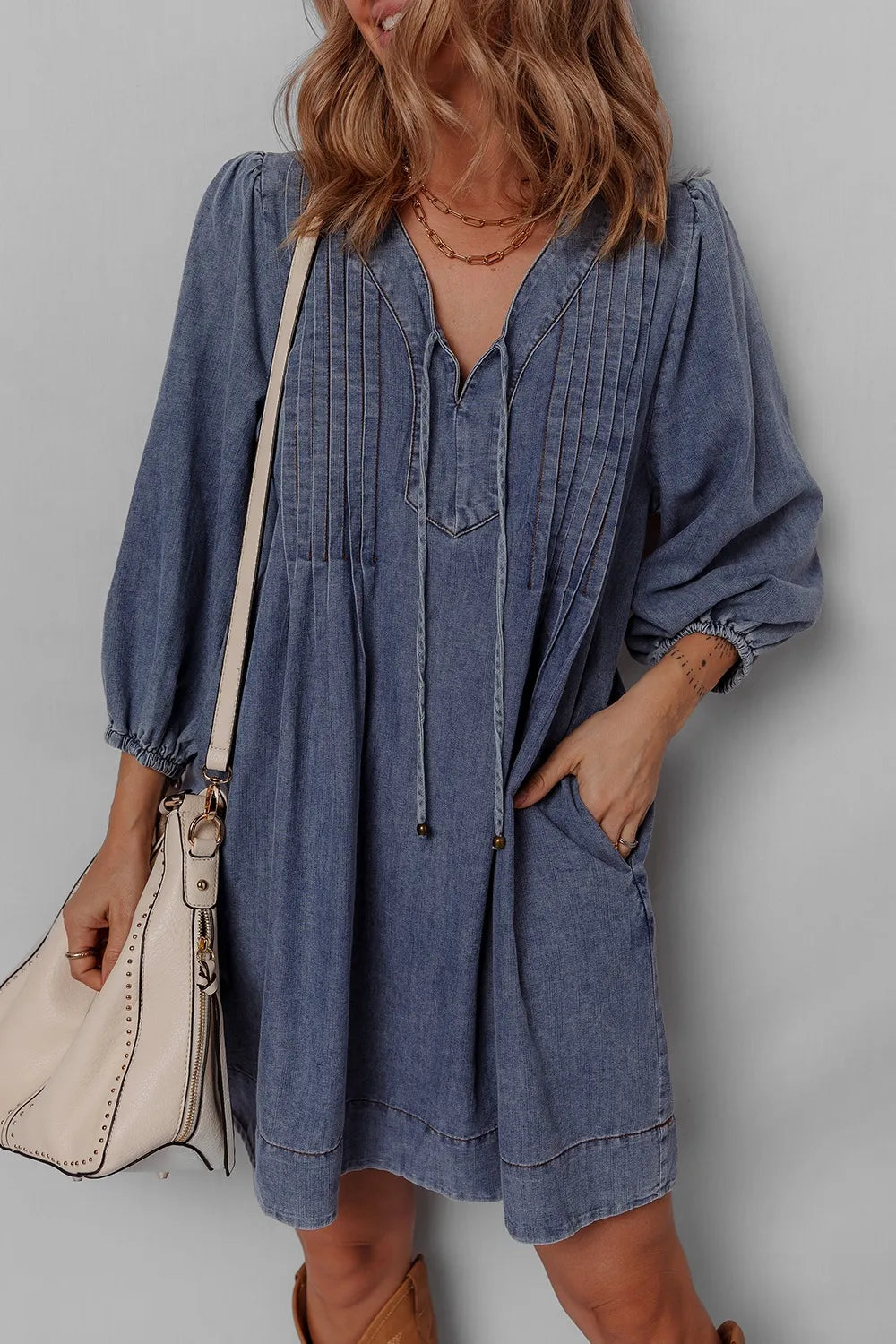 Tie Neck Long Sleeve Mini Denim Dress - Modanista Fashion