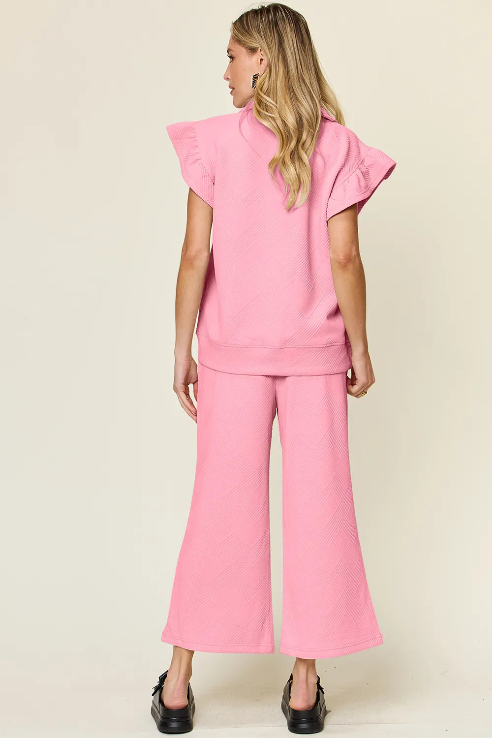 Double Take Texture Ruffle Short Sleeve Top and Drawstring Wide Leg Pants Set - Modanista Fashion