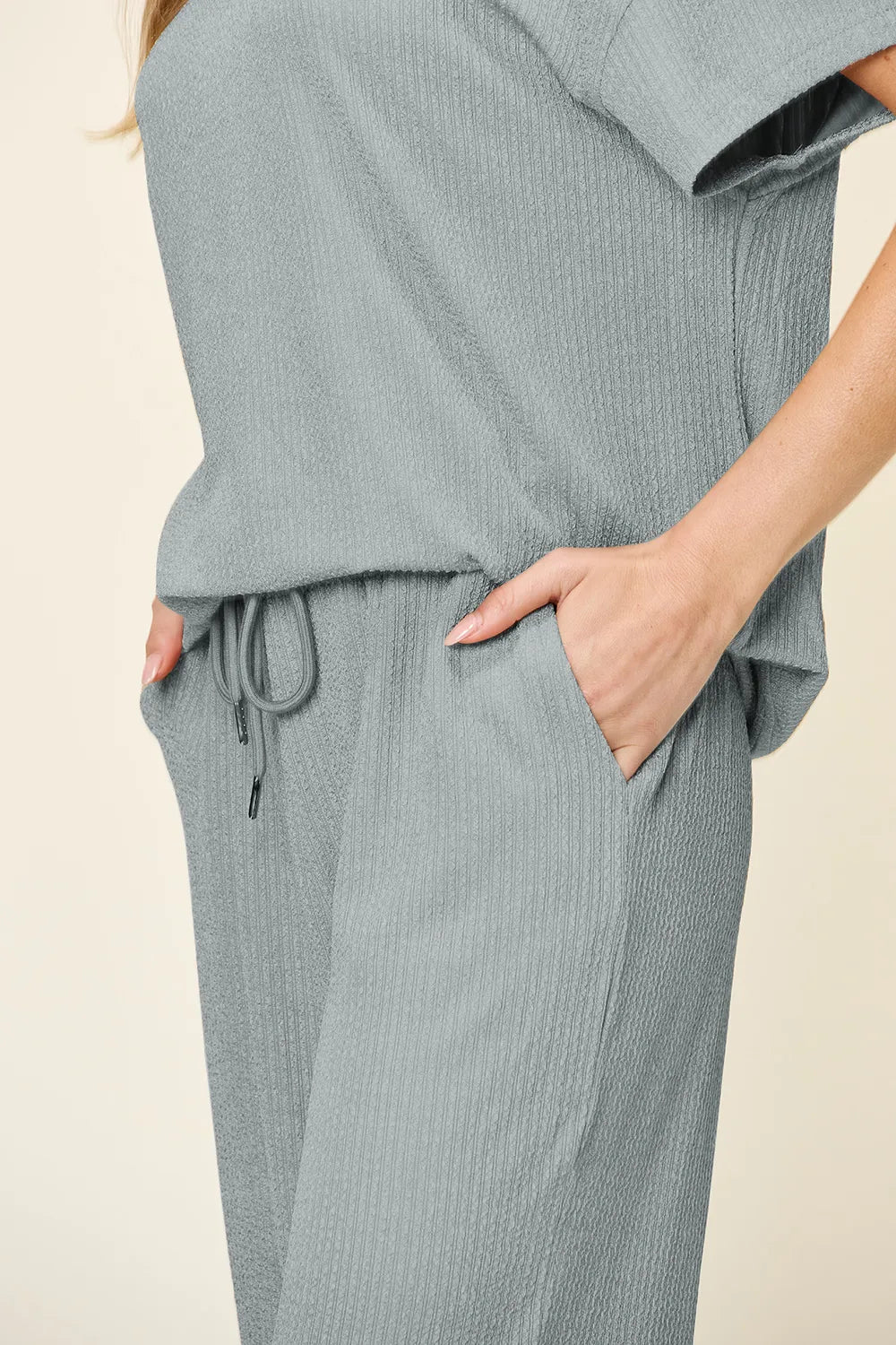 Double Take Full Size Texture Round Neck Short Sleeve T-Shirt and Wide Leg Pants - Modanista Fashion