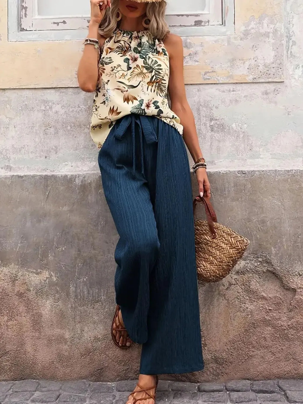Printed Tank Top and Wide Leg Pants Set - Modanista Fashion