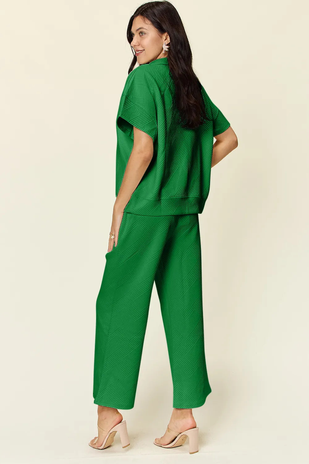 Double Take Full Size Texture Half Zip Short Sleeve Top and Pants Set - Modanista Fashion