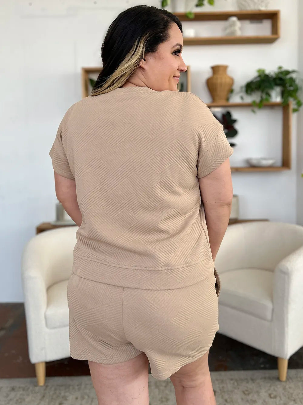 Double Take Full Size Texture Short Sleeve T-Shirt and Drawstring Shorts Set - Modanista Fashion
