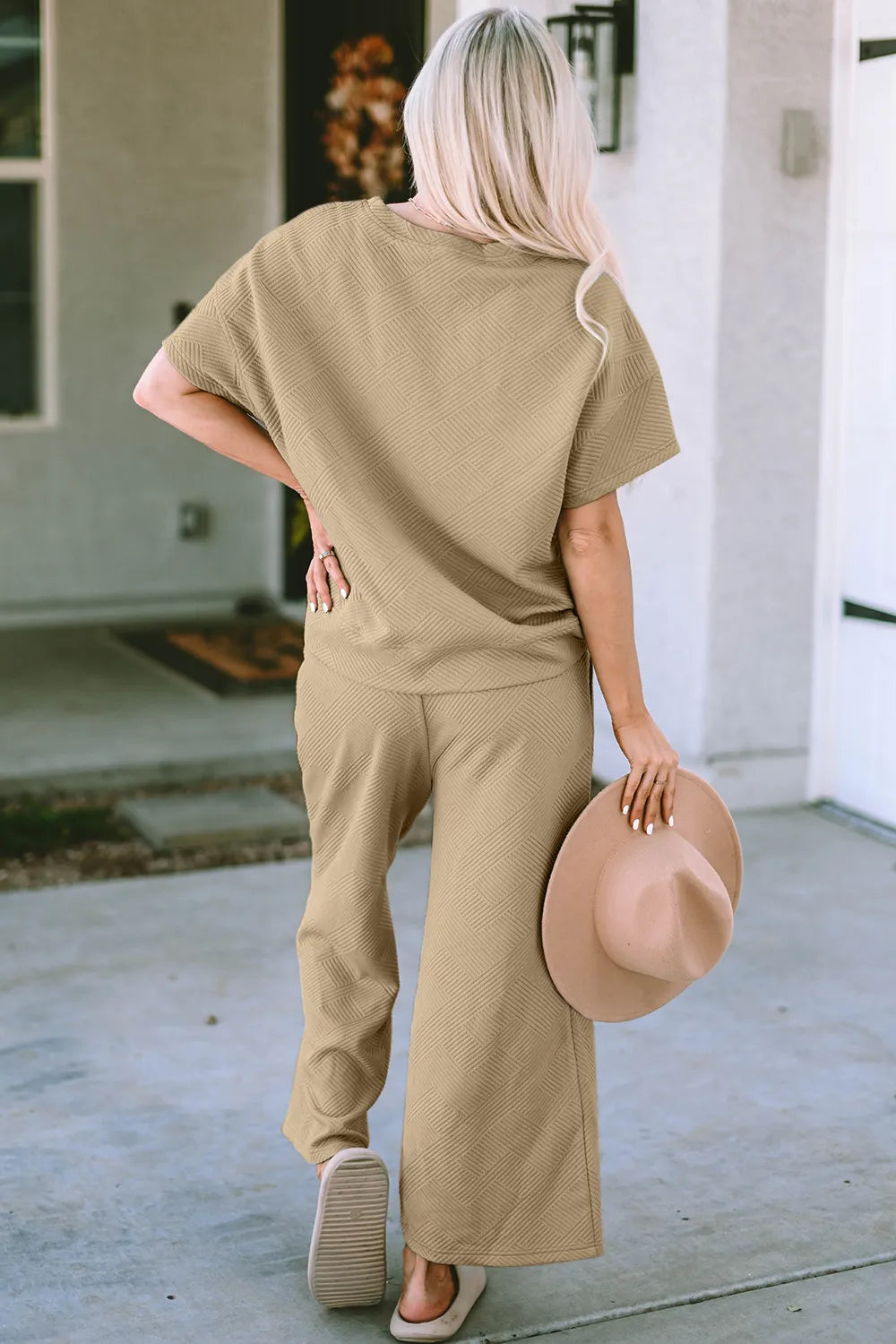 Double Take Full Size Texture Short Sleeve Top and Pants Set - Modanista Fashion